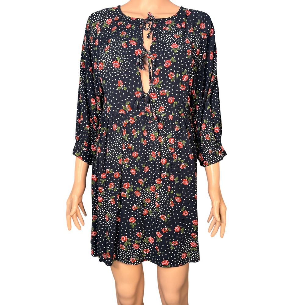Sezane Grace Navy Floral Polka Dot Tie Front Mini Dress Size 34 192ROB022